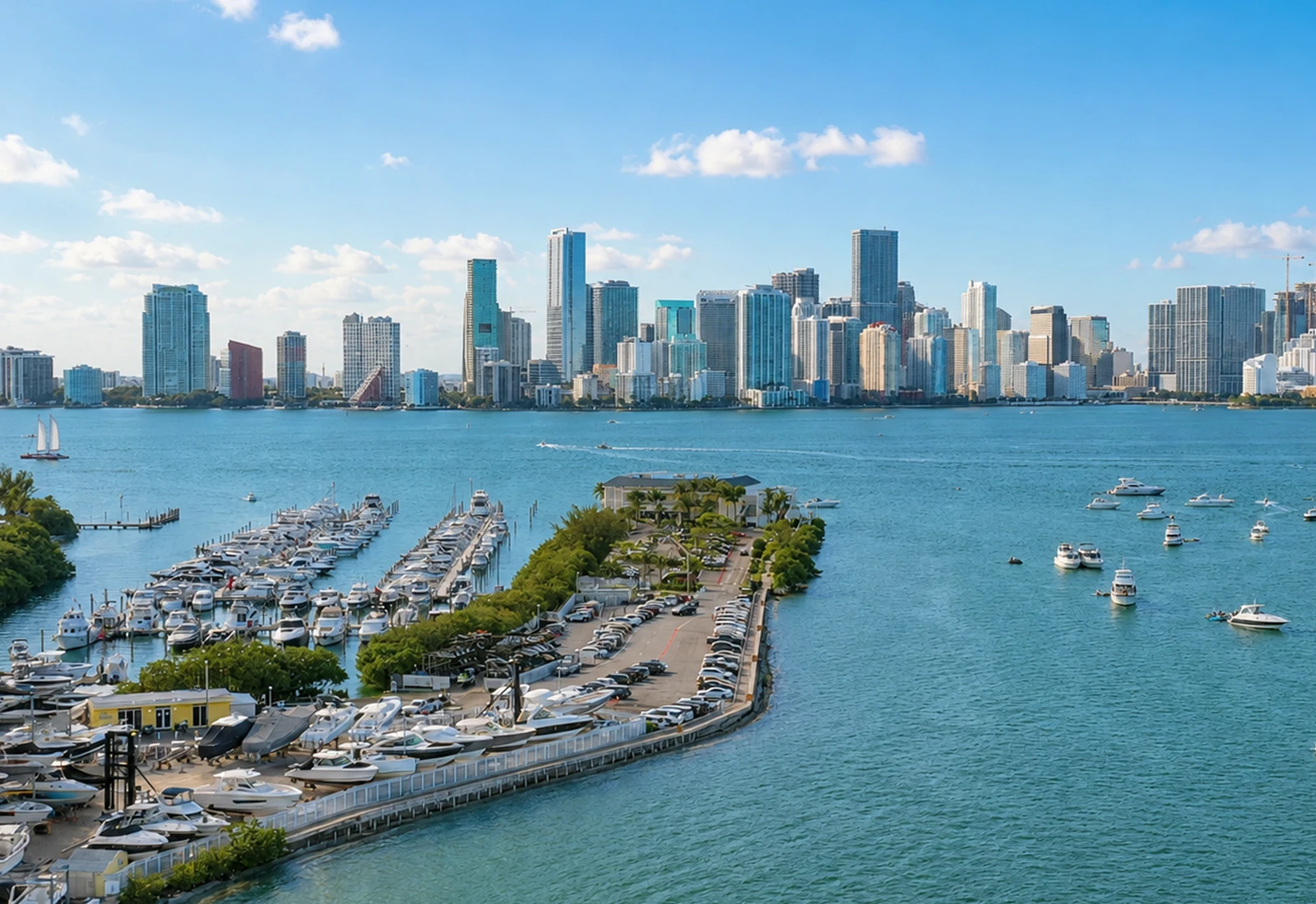 Los muelles de la Rickenbacker Marina en Virginia Key con el perfil de Miami al fondo